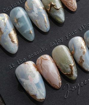 Renaissance Fresco XS press-on nails in short almond with angels, clouds and gold leaf