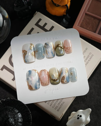 Renaissance Fresco handmade press-on nails in short square shape by Joyee Nails