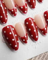 Retro Dot custom-size nails with red-and-nude skittle layout and hand-painted dots