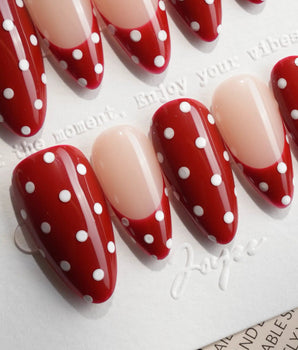 Retro Dot custom-size nails with red-and-nude skittle layout and hand-painted dots