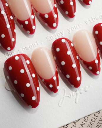 Retro Dot custom-size nails with red-and-nude skittle layout and hand-painted dots