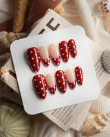 Retro Dot glossy wine red nails with white dots and warm nude accent nails