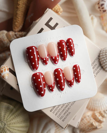 Retro Dot glossy wine red nails with white dots and warm nude accent nails