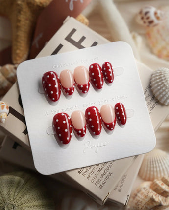 Retro Dot extra short almond nails with wine red polish and white polka dots