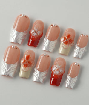 Duchess Marigold press-on nails — Orange 3D French Floral. handmade nail art by Joyee Nails