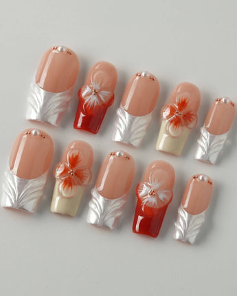 Duchess Marigold press-on nails — Orange 3D French Floral. handmade nail art by Joyee Nails