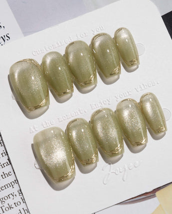 Ripples - Twinkle Reservoir press-on nails in short coffin shape — Premium Silver-Grey Cat Eye, French Metal Outlines.