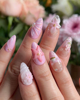 Romantic Garden handmade press-on nails featuring Delicate Pink Tone, 3D Flowers & Star.