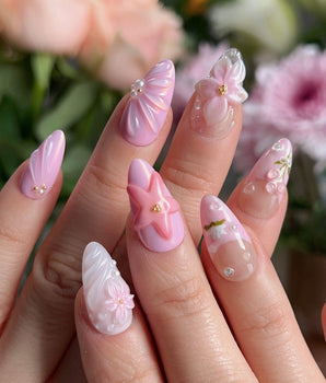 Romantic Garden handmade press-on nails featuring Delicate Pink Tone, 3D Flowers & Star.
