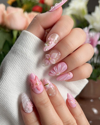 Romantic Garden press-on nails — Delicate Pink Tone, 3D Flowers & Star. handmade nail art by Joyee Nails