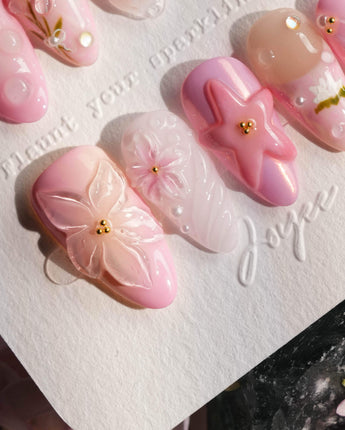 Romantic Garden press-on nail set — Delicate Pink Tone, 3D Flowers & Star. design, hand-painted with real gel polish