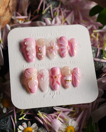 Romantic Garden press-on nails — Delicate Pink Tone, 3D Flowers & Star. handmade nail art by Joyee Nails