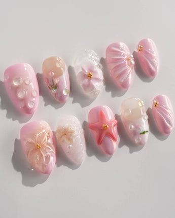 Romantic Garden press-on nails in extra short almond shape — Delicate Pink Tone, 3D Flowers & Star.