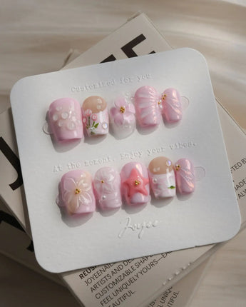 Romantic Garden press-on nails in extra short coffin shape — Delicate Pink Tone, 3D Flowers & Star.