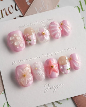 Romantic Garden press-on nails in extra short oval shape — Delicate Pink Tone, 3D Flowers & Star.