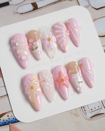 Romantic Garden press-on nails in medium stiletto shape — Delicate Pink Tone, 3D Flowers & Star.