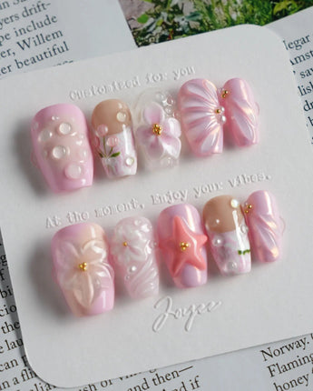 Romantic Garden press-on nails in short coffin shape — Delicate Pink Tone, 3D Flowers & Star.