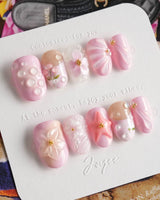 Romantic Garden press-on nails in short oval shape — Delicate Pink Tone, 3D Flowers & Star.