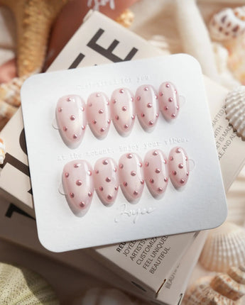 Rose Bead extra short almond nails with pink bead details and glossy finish