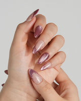 Rose Edge press-on nails with glossy rose chrome French tips and nude 3D swirl accents