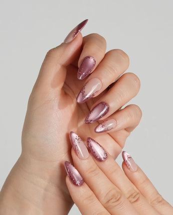 Rose Edge press-on nails with rose chrome tips, baroque swirls and soft nude base