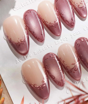 Rose Edge handmade press-on nails featuring rose chrome french tips nude base 3D baroque swirl