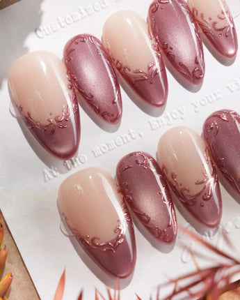 Purple cat-eye French press-on nails with nude base