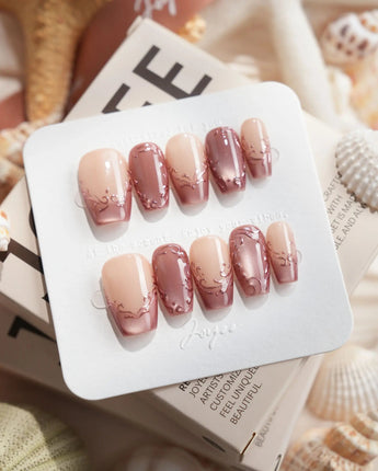 Rose Edge short coffin press-on nails with light-shifting cat eye gel shimmer