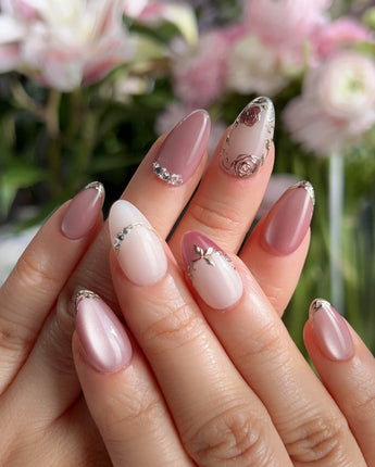 Rose-Théâtre Noir press-on nails — Elegant Rose Pink, Embossed Florals & Metallic Edging. handmade nail art by Joyee Nails