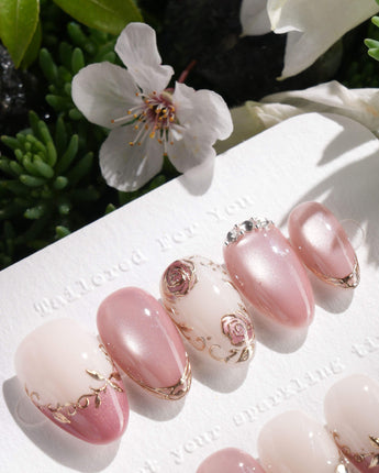 Rose-Théâtre Noir press-on nails — Elegant Rose Pink, Embossed Florals & Metallic Edging. handmade nail art by Joyee Nails