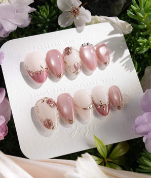 Rose-Théâtre Noir press-on nails — Elegant Rose Pink, Embossed