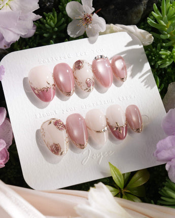 Rose-Théâtre Noir press-on nails — Elegant Rose Pink, Embossed
