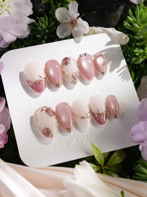 Romantic rose nails with magnetic shimmer and carvings

