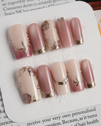 Rose-Théâtre Noir press-on nails in medium square shape — Elegant Rose Pink, Embossed Florals & Metallic Edging.