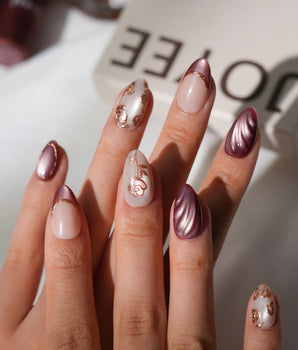 Rosewood Extra Short Almond rose gold press on nails with purple fall handmade nail art - image 2