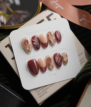Rosewood Extra Short Almond rose gold press on nails with purple fall handmade nail art - image 1