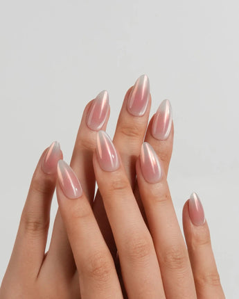 Rosy Glow minimal pink aurora press-on nails with golden-hour shimmer effect