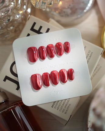 Rosy Ribbons nails in extra short oval — Fiery Red & Deep