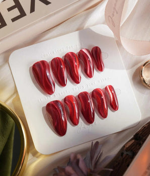 Rosy Ribbons press-on nails — Fiery Red & Deep