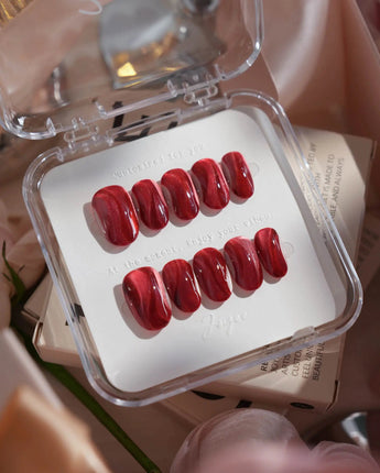 Rosy Ribbons nails in short oval — Fiery Red & Deep