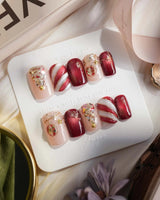Ruby Night press-on nails in short square shape — Glitzy Red & Gold Christmas, 3D Cat-eye Swirls & Glitter Christmas Trees.