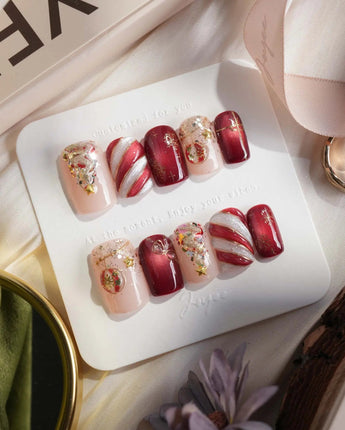 Ruby Night press-on nails in short square shape — Glitzy Red & Gold Christmas, 3D Cat-eye Swirls & Glitter Christmas Trees.