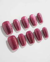 Ruby Red Cat-eye press-on nails in short coffin shape — ruby red magnetic nails
