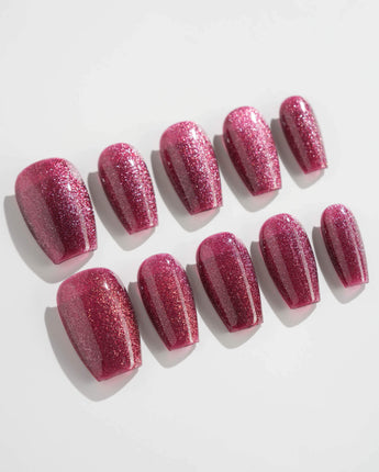 Ruby Red Cat-eye in short coffin shape with deep ruby magnetic glow and gel shine