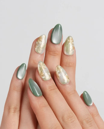 Sage Season nails in extra short almond — Vintage Oil Painting Green,