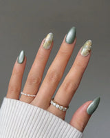 Sage Season nails in extra short almond — Vintage Oil Painting Green,