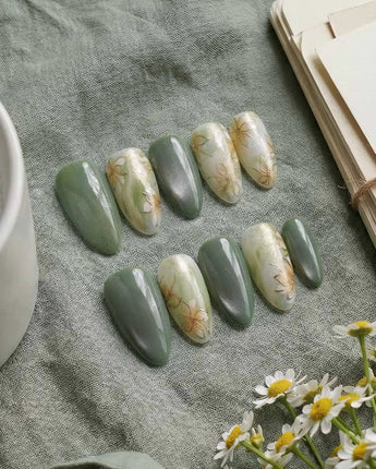 Sage Season nails in extra short almond — Vintage Oil Painting Green,
