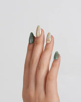 Sage Season nail art close-up showing Vintage Oil Painting Green, Marble Smudge & Metallic Outlined Florals. details