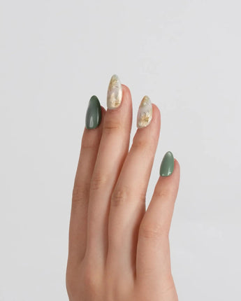 Sage Season nail art close-up showing Vintage Oil Painting Green, Marble Smudge & Metallic Outlined Florals. details