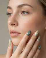 Sage Season handmade press-on nails featuring Vintage Oil Painting Green, Marble Smudge & Metallic Outlined Florals.